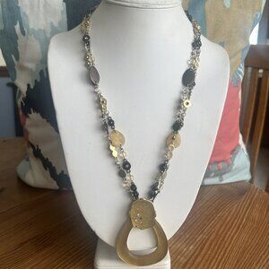 Chicos Lucite Gold Glass Beads Double Strand Boho Style Statement Necklace